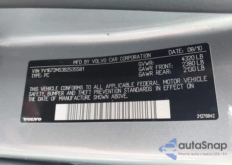 2011 Volvo S40 T5/T5 R-Design из США, поврежденный, VIN YV1672MS3B2535581